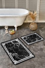 - Realhomes - Realhomes  2'li Set Siyah - Beyaz Zeminde Çerçeveli Motifli Mermer Desenli Sade & Şık Geometrik  2'li Banyo & Mutfak Paspas Takımı Realhomes