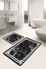- PaspasTakimi-2li-Set1221-Gorsel-5 - Realhomes  2'li Set Siyah - Beyaz Zeminde Çerçeveli Motifli Mermer Desenli Sade & Şık Geometrik  2'li Banyo & Mutfak Paspas Takımı Realhomes