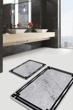2'li Set Gri - Siyah Zeminde Çerçeveli Motifli Mermer Desenli Geometrik Sade & Şık  2'li Banyo & Mutfak Paspas Takımı Realhomes