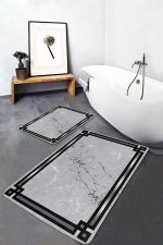 2'li Set Gri - Siyah Zeminde Çerçeveli Motifli Mermer Desenli Geometrik Sade & Şık  2'li Banyo & Mutfak Paspas Takımı Realhomes