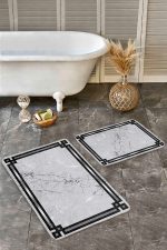 2'li Set Gri - Siyah Zeminde Çerçeveli Motifli Mermer Desenli Geometrik Sade & Şık  2'li Banyo & Mutfak Paspas Takımı Realhomes