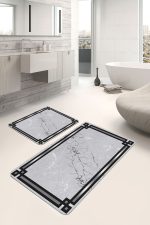 2'li Set Gri - Siyah Zeminde Çerçeveli Motifli Mermer Desenli Geometrik Sade & Şık  2'li Banyo & Mutfak Paspas Takımı Realhomes