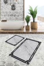 2'li Set Gri - Siyah Zeminde Çerçeveli Motifli Mermer Desenli Geometrik Sade & Şık  2'li Banyo & Mutfak Paspas Takımı Realhomes