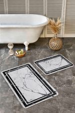 - Realhomes - Realhomes 2'li Set Füme - Siyah Zeminde Çerçeveli Motifli Mermer Desenli Sade & Şık Geometrik 2'li Banyo & Mutfak Paspas Takımı Realhomes