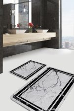 - PaspasTakimi-2li-Set1224-Gorsel - Realhomes 2'li Set Füme - Siyah Zeminde Çerçeveli Motifli Mermer Desenli Sade & Şık Geometrik 2'li Banyo & Mutfak Paspas Takımı Realhomes