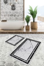 - PaspasTakimi-2li-Set1224-Gorsel-4 - Realhomes 2'li Set Füme - Siyah Zeminde Çerçeveli Motifli Mermer Desenli Sade & Şık Geometrik 2'li Banyo & Mutfak Paspas Takımı Realhomes