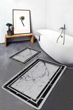 - PaspasTakimi-2li-Set1224-Gorsel-5 - Realhomes 2'li Set Füme - Siyah Zeminde Çerçeveli Motifli Mermer Desenli Sade & Şık Geometrik 2'li Banyo & Mutfak Paspas Takımı Realhomes