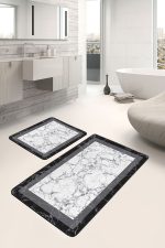 - PaspasTakimi-2li-Set1225-Gorsel-1 - Realhomes 2'li Set Beyaz - Siyah Zeminde Çerçeveli Motifli Mermer Desenli Geometrik Sade & Şık 2'li Banyo & Mutfak Paspas Takımı Realhomes