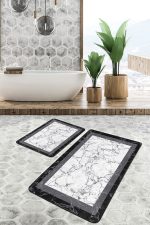 - PaspasTakimi-2li-Set1225-Gorsel-2 - Realhomes 2'li Set Beyaz - Siyah Zeminde Çerçeveli Motifli Mermer Desenli Geometrik Sade & Şık 2'li Banyo & Mutfak Paspas Takımı Realhomes
