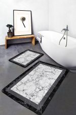 - PaspasTakimi-2li-Set1225-Gorsel-4 - Realhomes 2'li Set Beyaz - Siyah Zeminde Çerçeveli Motifli Mermer Desenli Geometrik Sade & Şık 2'li Banyo & Mutfak Paspas Takımı Realhomes