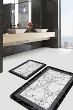 - PaspasTakimi-2li-Set1225-Gorsel-5 - Realhomes 2'li Set Beyaz - Siyah Zeminde Çerçeveli Motifli Mermer Desenli Geometrik Sade & Şık 2'li Banyo & Mutfak Paspas Takımı Realhomes