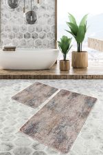 2'li Set Kahverengi Zeminde Otantik  Motifli Dokuma Desenli Eskitme Motifli Vintage  2'li Banyo & Mutfak Paspas Takımı Realhomes