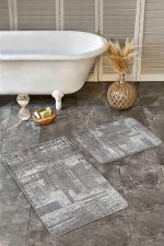 2'li Set Gri Zeminde Örme Motifli Etnik Desenli Eskitme Motifli Klasik  2'li Banyo & Mutfak Paspas Takımı Realhomes