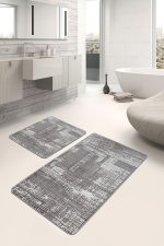 2'li Set Gri Zeminde Örme Motifli Etnik Desenli Eskitme Motifli Klasik  2'li Banyo & Mutfak Paspas Takımı Realhomes