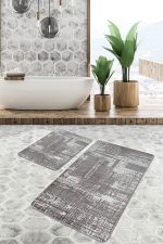 2'li Set Gri Zeminde Örme Motifli Etnik Desenli Eskitme Motifli Klasik  2'li Banyo & Mutfak Paspas Takımı Realhomes