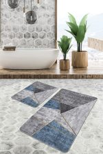 2'li Set Gri - Mavi Zeminde Geometrik Motifli Gold Desenli Geometrik Modern  2'li Banyo & Mutfak Paspas Takımı Realhomes