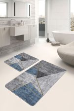 2'li Set Gri - Mavi Zeminde Geometrik Motifli Gold Desenli Geometrik Modern  2'li Banyo & Mutfak Paspas Takımı Realhomes