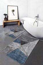 2'li Set Gri - Mavi Zeminde Geometrik Motifli Gold Desenli Geometrik Modern  2'li Banyo & Mutfak Paspas Takımı Realhomes