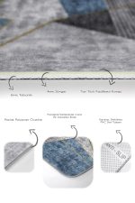 2'li Set Gri - Mavi Zeminde Geometrik Motifli Gold Desenli Geometrik Modern  2'li Banyo & Mutfak Paspas Takımı Realhomes