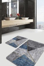 2'li Set Gri - Mavi Zeminde Geometrik Motifli Gold Desenli Geometrik Modern  2'li Banyo & Mutfak Paspas Takımı Realhomes