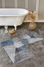 2'li Set Gri - Mavi Zeminde Geometrik Motifli Gold Desenli Geometrik Modern  2'li Banyo & Mutfak Paspas Takımı Realhomes