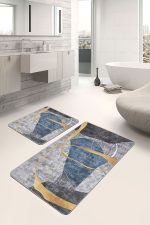 - PaspasTakimi-2li-Set1229-Gorsel-1 - Realhomes 2'li Set Gold - Mavi Zeminde Geometrik Motifli Gold Desenli Geometrik Klasik 2'li Banyo & Mutfak Paspas Takımı Realhomes