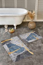 - Realhomes - Realhomes 2'li Set Gold - Mavi Zeminde Geometrik Motifli Gold Desenli Geometrik Klasik 2'li Banyo & Mutfak Paspas Takımı Realhomes