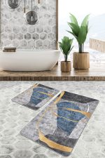 - PaspasTakimi-2li-Set1229-Gorsel-2 - Realhomes 2'li Set Gold - Mavi Zeminde Geometrik Motifli Gold Desenli Geometrik Klasik 2'li Banyo & Mutfak Paspas Takımı Realhomes