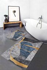 - PaspasTakimi-2li-Set1229-Gorsel-4 - Realhomes 2'li Set Gold - Mavi Zeminde Geometrik Motifli Gold Desenli Geometrik Klasik 2'li Banyo & Mutfak Paspas Takımı Realhomes