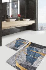 - PaspasTakimi-2li-Set1229-Gorsel-5 - Realhomes 2'li Set Gold - Mavi Zeminde Geometrik Motifli Gold Desenli Geometrik Klasik 2'li Banyo & Mutfak Paspas Takımı Realhomes