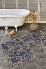 2'li Set Lacivert - Krem Zeminde Otantik Motifli Eskitme Desenli Eskitme Motifli Vintage  2'li Banyo & Mutfak Paspas Takımı Realhomes