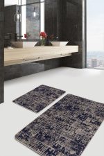 2'li Set Lacivert - Krem Zeminde Otantik Motifli Eskitme Desenli Eskitme Motifli Vintage  2'li Banyo & Mutfak Paspas Takımı Realhomes