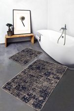 2'li Set Lacivert - Krem Zeminde Otantik Motifli Eskitme Desenli Eskitme Motifli Vintage  2'li Banyo & Mutfak Paspas Takımı Realhomes