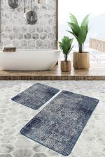 - PaspasTakimi-2li-Set1231-Gorsel-1 - Realhomes 2'li Set Lacivert Zeminde Örme Motifli Kilim Desenli Eskitme Motifli Vintage 2'li Banyo & Mutfak Paspas Takımı Realhomes