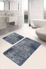 - PaspasTakimi-2li-Set1231-Gorsel - Realhomes 2'li Set Lacivert Zeminde Örme Motifli Kilim Desenli Eskitme Motifli Vintage 2'li Banyo & Mutfak Paspas Takımı Realhomes
