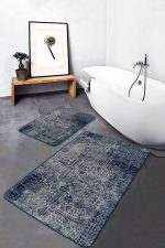 - PaspasTakimi-2li-Set1231-Gorsel-2 - Realhomes 2'li Set Lacivert Zeminde Örme Motifli Kilim Desenli Eskitme Motifli Vintage 2'li Banyo & Mutfak Paspas Takımı Realhomes