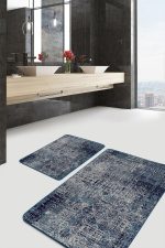- PaspasTakimi-2li-Set1231-Gorsel-4 - Realhomes 2'li Set Lacivert Zeminde Örme Motifli Kilim Desenli Eskitme Motifli Vintage 2'li Banyo & Mutfak Paspas Takımı Realhomes