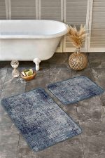 - Realhomes - Realhomes 2'li Set Lacivert Zeminde Örme Motifli Kilim Desenli Eskitme Motifli Vintage 2'li Banyo & Mutfak Paspas Takımı Realhomes