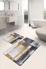 2'li Set Sarı - Gri Zeminde Altın Motifli Yağlıboya Desenli Modern Klasik  2'li Banyo & Mutfak Paspas Takımı Realhomes