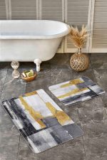 2'li Set Sarı - Gri Zeminde Altın Motifli Yağlıboya Desenli Modern Klasik  2'li Banyo & Mutfak Paspas Takımı Realhomes