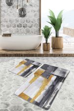2'li Set Sarı - Gri Zeminde Altın Motifli Yağlıboya Desenli Modern Klasik  2'li Banyo & Mutfak Paspas Takımı Realhomes