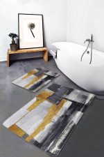 2'li Set Sarı - Gri Zeminde Altın Motifli Yağlıboya Desenli Modern Klasik  2'li Banyo & Mutfak Paspas Takımı Realhomes
