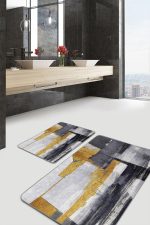 2'li Set Sarı - Gri Zeminde Altın Motifli Yağlıboya Desenli Modern Klasik  2'li Banyo & Mutfak Paspas Takımı Realhomes