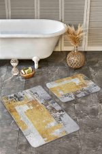 - Realhomes - Realhomes  2'li Set Gri - Gold Zeminde Altın Motifli Yağlıboya Desenli Modern Klasik  2'li Banyo & Mutfak Paspas Takımı Realhomes