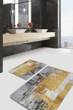 - PaspasTakimi-2li-Set1235-Gorsel - Realhomes  2'li Set Gri - Gold Zeminde Altın Motifli Yağlıboya Desenli Modern Klasik  2'li Banyo & Mutfak Paspas Takımı Realhomes