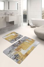 - PaspasTakimi-2li-Set1235-Gorsel-2 - Realhomes  2'li Set Gri - Gold Zeminde Altın Motifli Yağlıboya Desenli Modern Klasik  2'li Banyo & Mutfak Paspas Takımı Realhomes