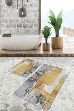 - PaspasTakimi-2li-Set1235-Gorsel-4 - Realhomes  2'li Set Gri - Gold Zeminde Altın Motifli Yağlıboya Desenli Modern Klasik  2'li Banyo & Mutfak Paspas Takımı Realhomes