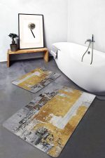 - PaspasTakimi-2li-Set1235-Gorsel-5 - Realhomes  2'li Set Gri - Gold Zeminde Altın Motifli Yağlıboya Desenli Modern Klasik  2'li Banyo & Mutfak Paspas Takımı Realhomes