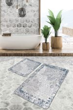 - PaspasTakimi-2li-Set1236-Gorsel-1 - Realhomes  2'li Set Mavi - Beyaz Zeminde Çerçeveli Motifli Otantik Desenli Eskitme Motifli Vintage  2'li Banyo & Mutfak Paspas Takımı Realhomes