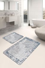 - PaspasTakimi-2li-Set1236-Gorsel - Realhomes  2'li Set Mavi - Beyaz Zeminde Çerçeveli Motifli Otantik Desenli Eskitme Motifli Vintage  2'li Banyo & Mutfak Paspas Takımı Realhomes